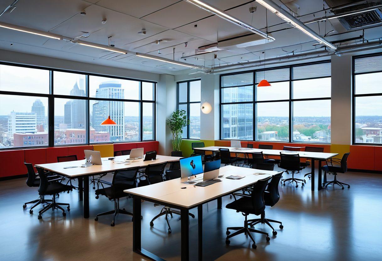 A modern, inviting office space with diverse people happily discussing insurance options. Include visual elements like graphs, calculators, and shining lightbulbs symbolizing ideas and savings. Show a clear distinction between personal and commercial needs with icons representing homes and businesses. The overall atmosphere should feel organized, friendly, and professional. vibrant colors. super-realistic.