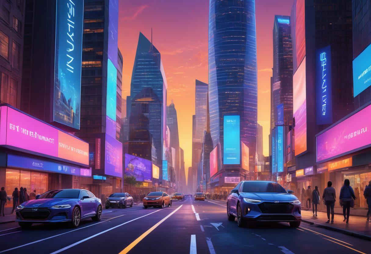A futuristic city skyline at sunset, representing the evolution of insurance with digital screens displaying instant coverage options. In the foreground, diverse individuals are interacting with holographic technology, symbolizing hassle-free insurance. Bright neon colors illuminate the scene, creating an inviting atmosphere. super-realistic. vibrant colors. 3D.