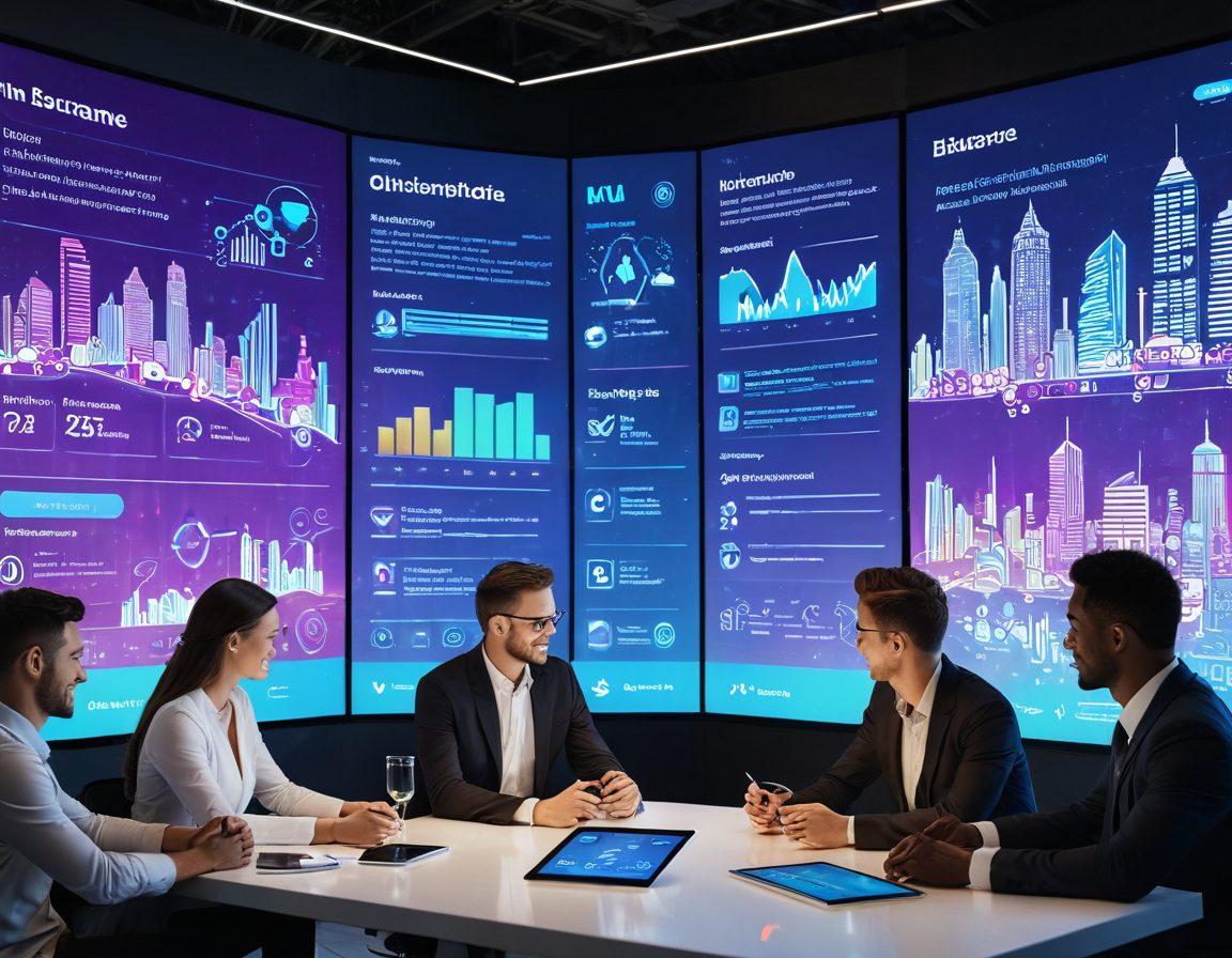 A futuristic digital interface displaying rapid insurance quotes with streamlined tabs and vibrant icons representing different coverage options. In the foreground, a diverse group of people interacts with holographic screens, showcasing their satisfaction and ease in selecting insurance plans. The background features a modern city skyline blending technology and insurance, with floating infographics. super-realistic. vibrant colors. high-tech ambiance.